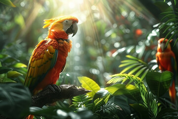 A tropical rainforest canopy alive with the vibrant colors of exotic birds and foliage, representing the biodiversity of lush jungles. Concept of diverse rainforest ecosystems. Generative Ai. - obrazy, fototapety, plakaty