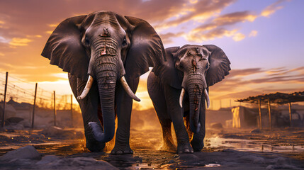 Fototapeta na wymiar two African elephants walk along the savannah against the backdrop of sunset. mammals and wildlife