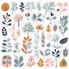 Fototapeta premium A collection of seamless pattern, colorful abstract plants and flowers. Hand drawn Collection of leaves and flowers. A close up of a pattern of flowers and leaves. 