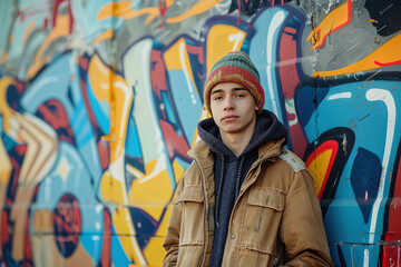 Obraz na płótnie Canvas Young handsome guy wearing a beanie hat, beige jacket and black sweatshirt on a colorfully painted wall background