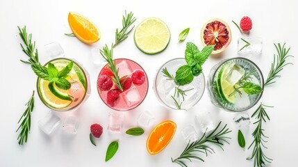  a group of glasses filled with different types of drinks and garnished with herbs and lemons on a white background.
