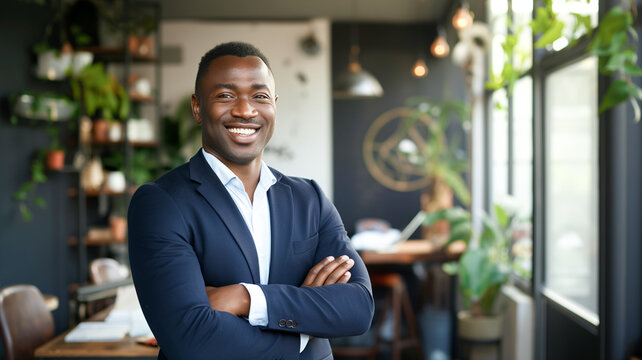 Black Businessman with Pleasant Smile, Posing Facing the Camera in Home Office