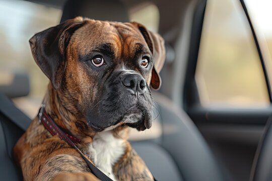 Thoughtful brindle boxer dog inside car portrait
