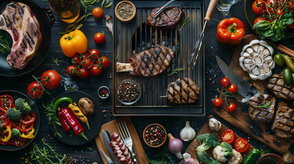 Summer barbecue flat lay with grilling tools meats and vegetables. - obrazy, fototapety, plakaty