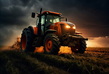 Tractor operating in field under dark sky