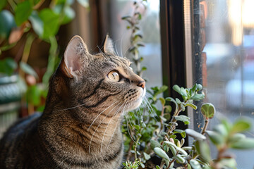 A cute tabby cat sits near plants in green pots, which can cause poisoning.