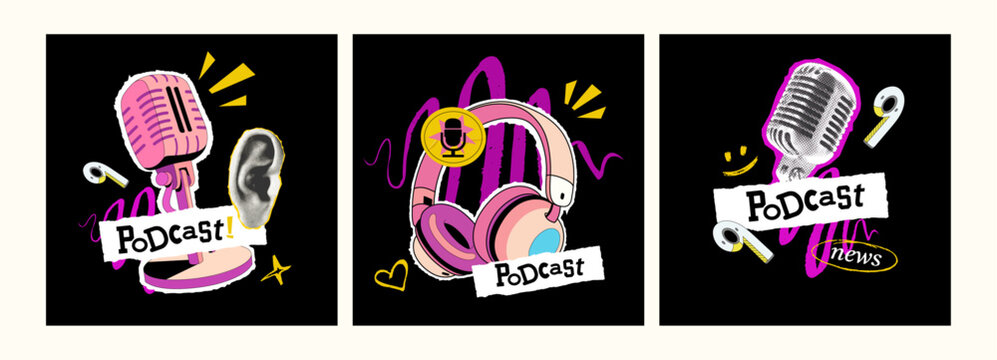 Set of Collage on topic of podcast in trendy grunge style with flat illustration. Microphone, headphones and speech bubbles and drawn elements in dack background. Vector cover for news, talk show