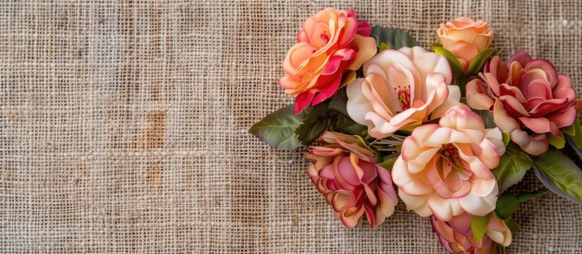 Artificial flowers arranged on a burlap background, close-up, can serve as a backdrop and greeting card.
