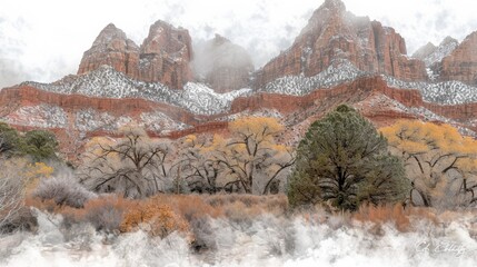  a digital painting of a mountain range with trees in the foreground and snow on the mountains in the background.