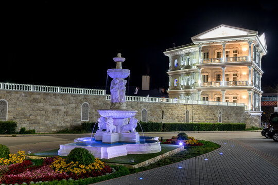 Tranquil night in Rajecke Teplice: Serenity at Spa Town, Old Roman-style Fountain by Aquapark Hotel 