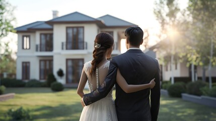 Fototapeta na wymiar Bride and groom embracing in front of their new house. Wedding concept