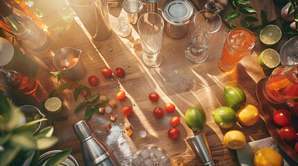 Summer cocktail party flat lay with ingredients shaker and glasses.