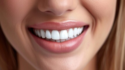 Beautiful Woman Smile With White Teeth. Concept of Teeth Whitening, Dental Health and Lip Care. - obrazy, fototapety, plakaty