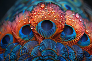 A close-up photograph of a peacock's iridescent plumage, showcasing an array of jewel-toned colors in nature's intricate design. Concept of vibrant peacock coloration. Generative Ai. - obrazy, fototapety, plakaty
