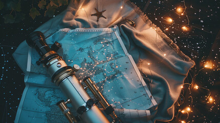 Summer night stargazing flat lay with a telescope constellation map and a blanket. - obrazy, fototapety, plakaty