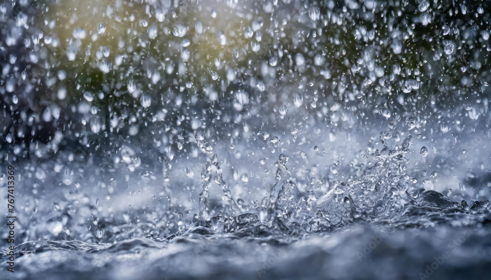 Poster A large body of water with rain falling on it. The raindrops are falling in a way that creates a sense of movement and energy. Scene is one of calmness and tranquility