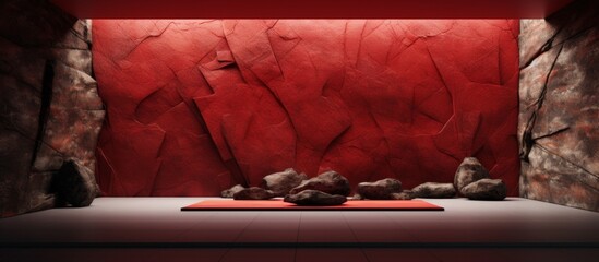 A room featuring a magenta wall made of wood, with rocks on the floor resembling an automotive exterior. The display device shows a landscape with trees and a horizon