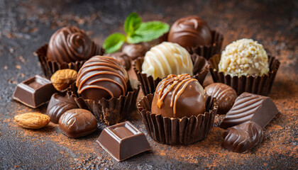 A plate of chocolate truffles with a green leaf on top. The truffles are arranged in a row and there are several spoons and a bowl nearby