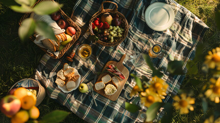 Obraz na płótnie Canvas Summer picnic flat lay with a basket fresh fruits sandwiches and a blanket.