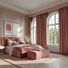 bedroom in a victorian architecture style ,clean modern design featuring in beautiful modern colors