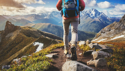 A person is walking on a mountain trail with a pair of blue and white hiking poles. The trail is...