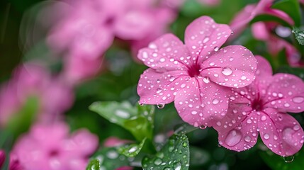 pink flowers with dew drop on green leaves background

