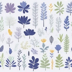 A collection of seamless pattern, colorful abstract plants and flowers. Hand drawn Collection of leaves and flowers. A close up of a pattern of flowers and leaves.
