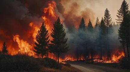 Poster Fiery wildfire engulfing forest or urban area © Sahaidachnyi Roman