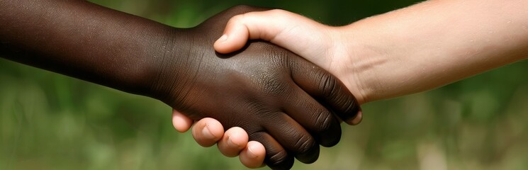 Two hands, one with dark skin and the other with light skin, join in a handshake.
Concept: harmony and unity and mutual understanding love and relationship between different cultures or races. - obrazy, fototapety, plakaty