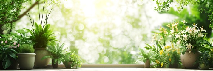 Banner Indoor plants with ceramic and clay pots on windowsill near window with space for text, housekeeping, plant care