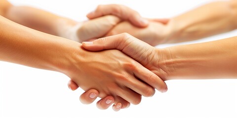 Various hands clasped together. Symbol of unity and cooperation, concept: multiculturalism and teamwork, diversification and inclusion and corporate training.