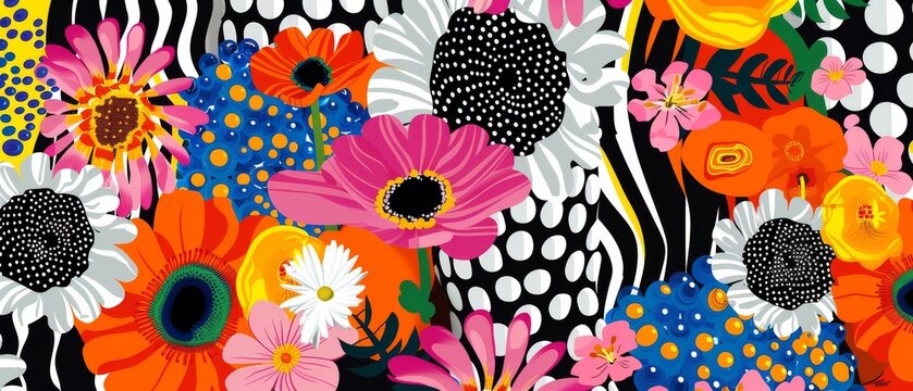 Bold summer blooms on white and black design elements. Pink, orange colorful pattern for happiness, vacation. Cheerful energetic floral design.