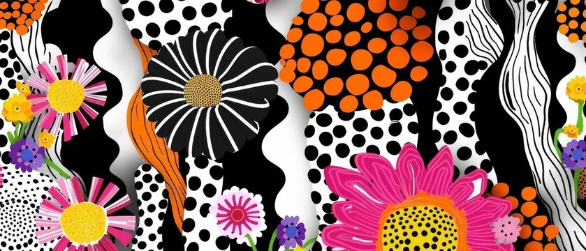 Bold summer blooms on white and black design elements. Pink, orange colorful pattern for happiness, vacation.