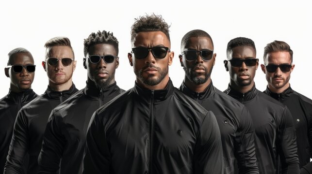 A diverse team of men in black, exuding confidence and teamwork.
