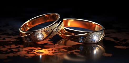 Two shiny gold wedding rings resting on a wooden table surface.