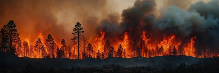 Fiery wildfire engulfing forest or urban area