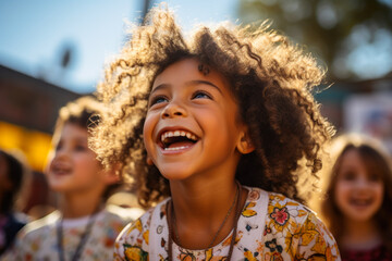 Happy Child Laughing with Bright Eyes Outdoors.