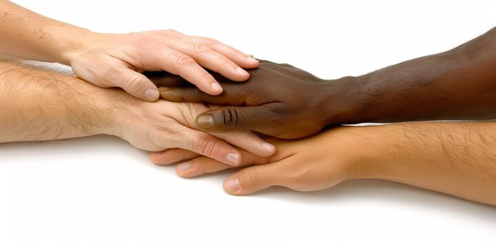 Various hands clasped together. Symbol of unity and cooperation, concept: multiculturalism and teamwork, diversification and inclusion and corporate training.