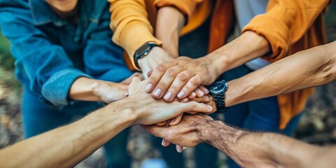 Various hands clasped together. Symbol of unity and cooperation, concept: multiculturalism and teamwork, diversification and inclusion and corporate training. - obrazy, fototapety, plakaty
