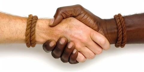 Two hands, one with dark skin and the other with light skin, join in a handshake.
Concept: harmony and unity and mutual understanding love and relationship between different cultures or races.