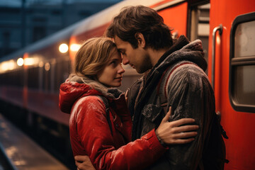Emotional Couple at Train Station in Winter Evening.