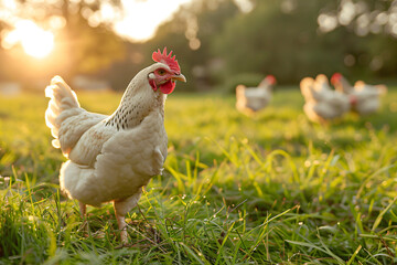 Fototapeta premium A flock of chickens roam in green paddock. Free range chicken on traditional poultry farm. Organic farming, back to nature concept 