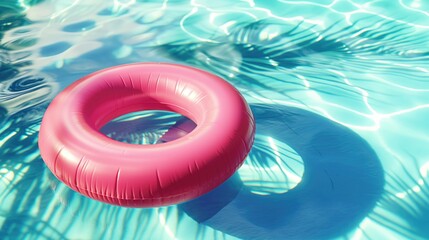 Closeup pink inflatable swimming ring on the blue swimming pool and palm tree leaves shadow reflection on the water - obrazy, fototapety, plakaty