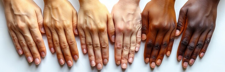 A row of raised hands of different skin tones.
Concept: equality, diversity and inclusion in materials on human rights, in publications on the International Day of Tolerance and multiculturalism.