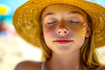 Youthful Serenity in a Straw Hat Close-Up.