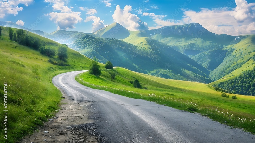 Poster generative ai : country road and green mountains in summer.