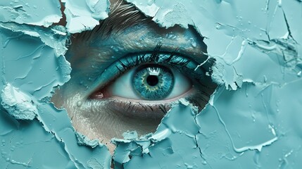A blue eye peeks through the hole of the torn paper. 3d illustration background.