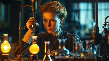 Historical depiction of Marie Curie's intense research with glowing equipment in her lab