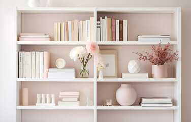 colorful books on shelves in white wooden closet in white room d