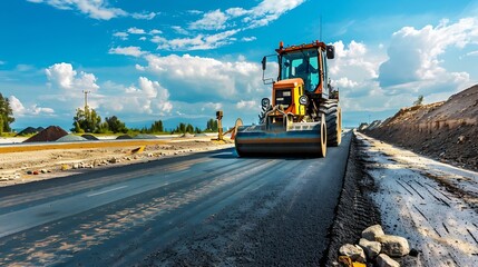 Generative AI : Repair of the old and construction of a new asphalt road. The excavators, graders and road rollers working - obrazy, fototapety, plakaty